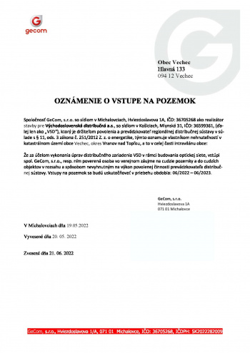 Verejná vyhláška - Gecom - Oznámenie o vstupe na pozemok